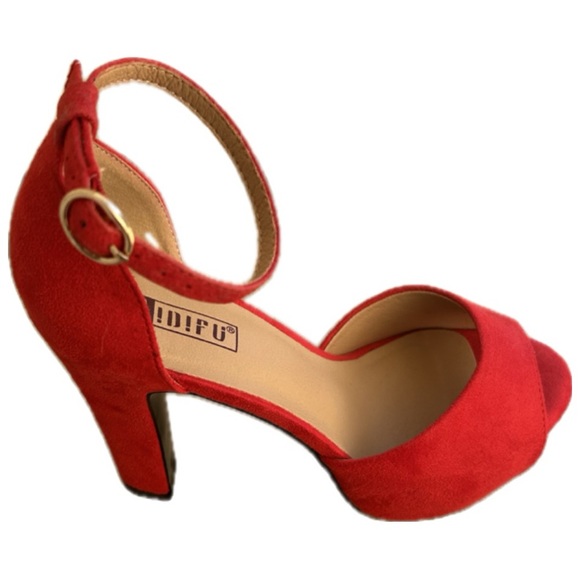 IDIFU | WOMEN'S CHUNKY HEELS | RED VELVET | SIZE 7 - Picture 2 of 5